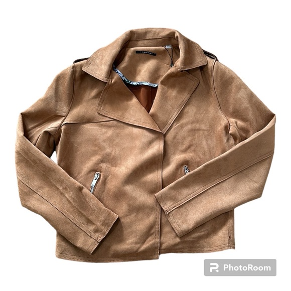 Tahari Faux Leather Moto Jacket Size M Camel Tobacco Brown Suede Open Front NEW - Picture 13 of 13